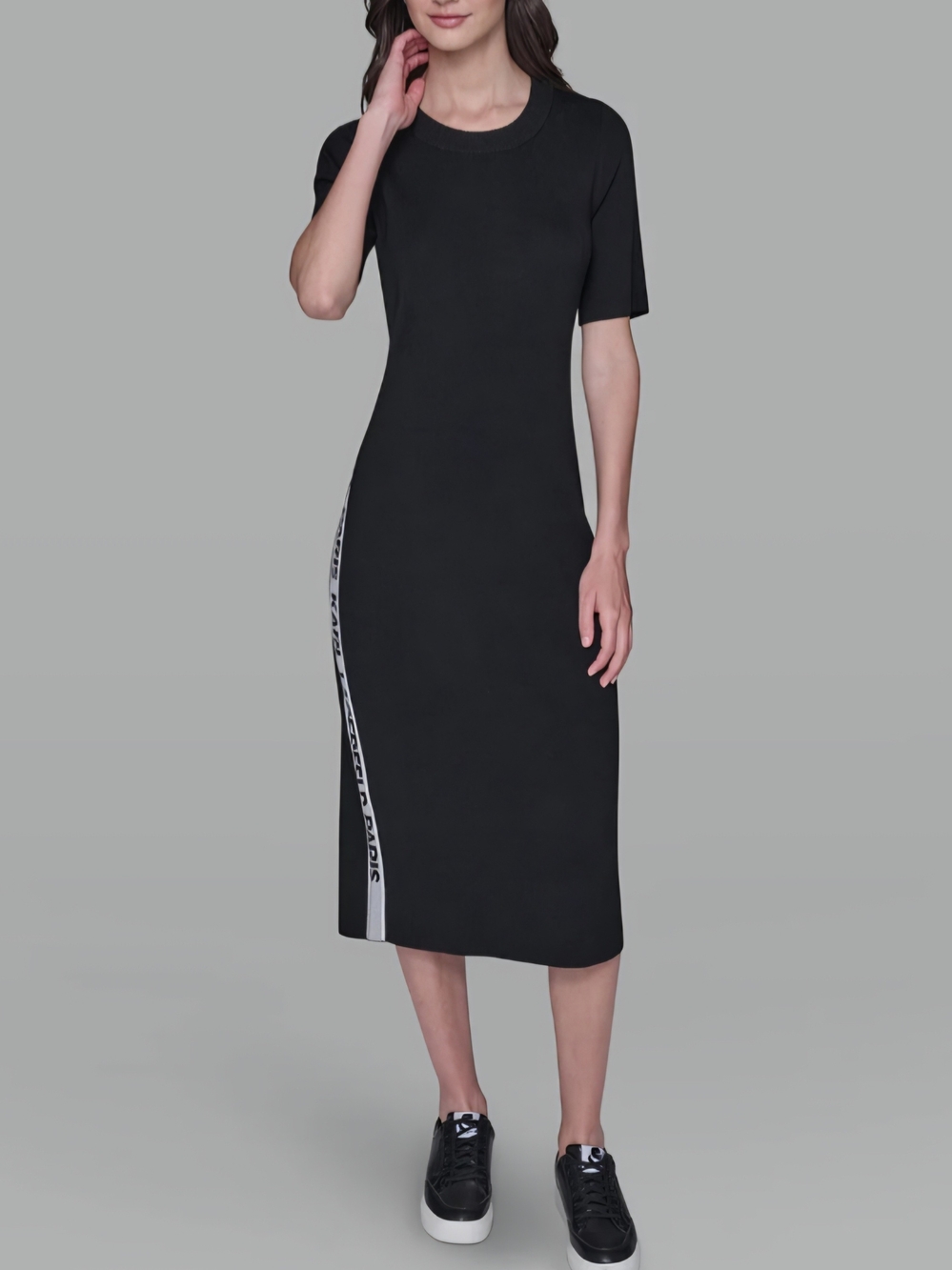 Karl Lagerfeld Black Midi T-Shirt Dress with White Side Stripe